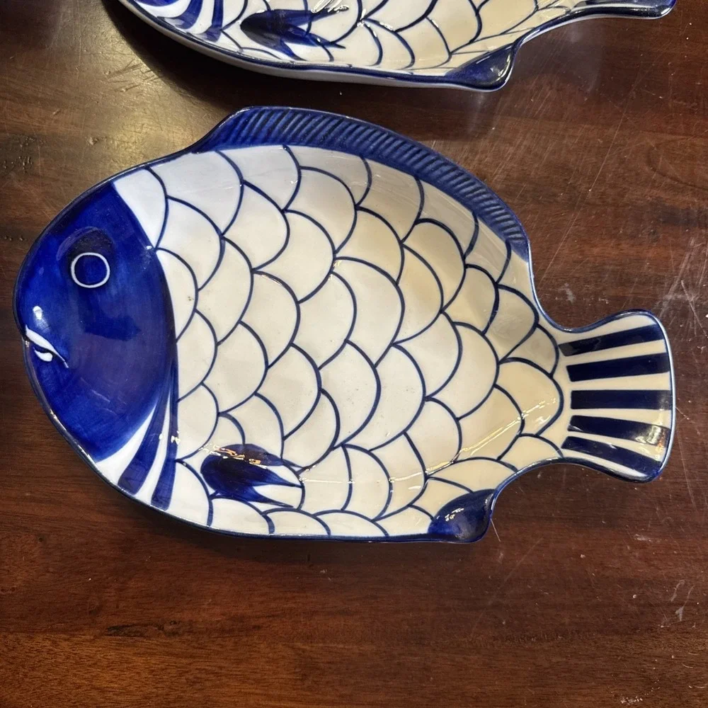 Vintage 90s Dansk Arabesque Fish Bowl Serving Platter Plate Blue & White Set 4